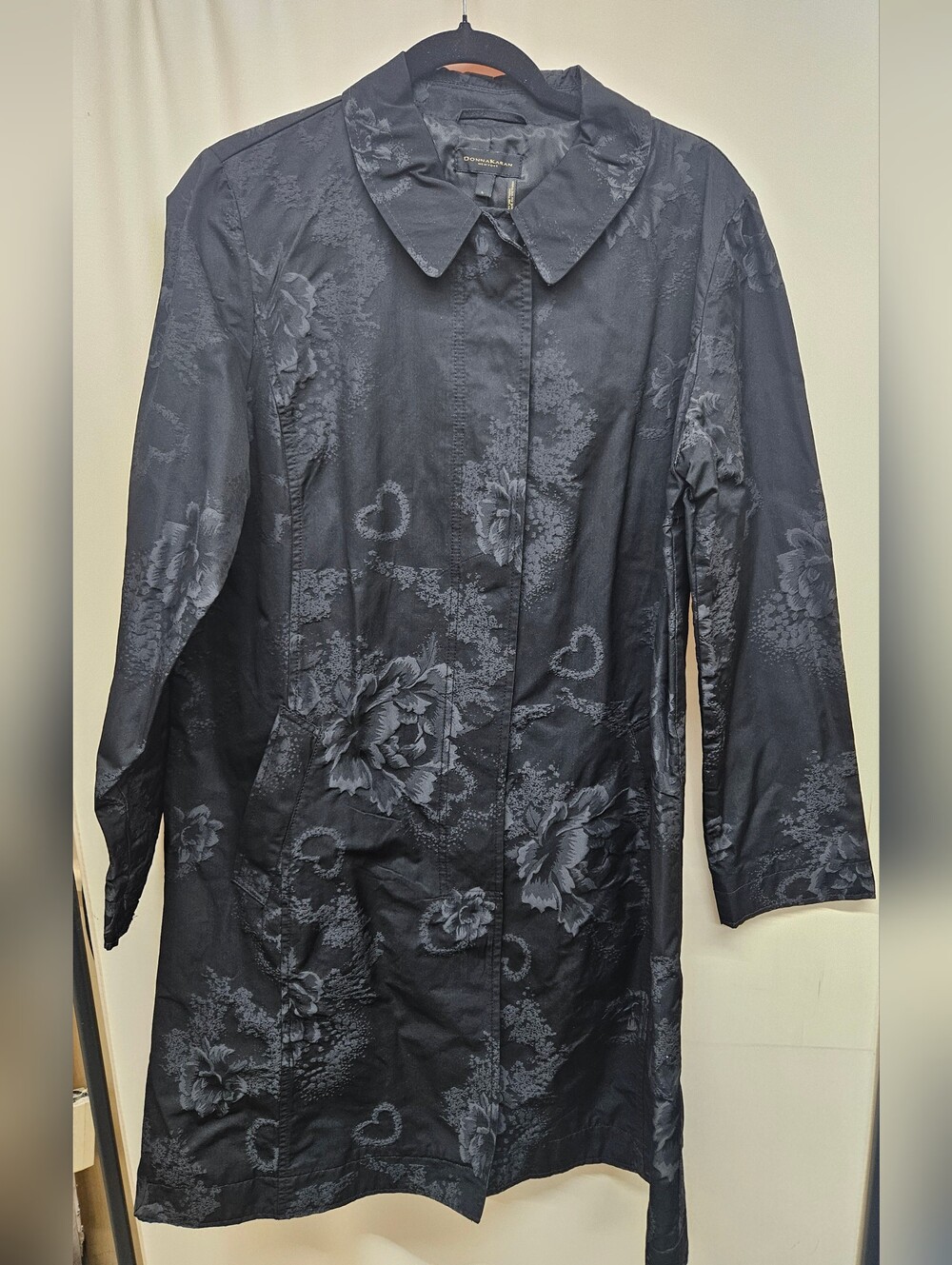 Donna Karan Black Floral Jacquard Trench Coat